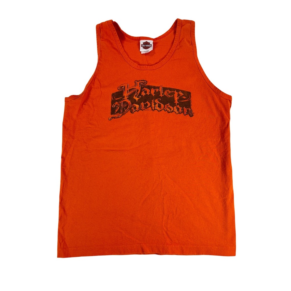 Y2k Harley Davidson Mens Orange Tank Top RoadRunner San Benito Texas Biker L
